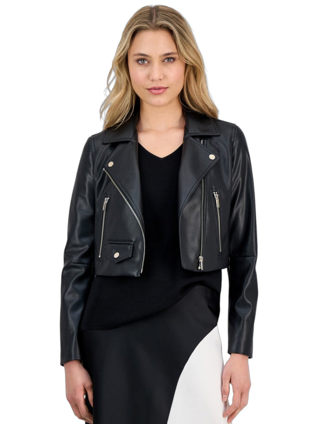 Image for Women's Plain Cropped Leather Jacket,Black
