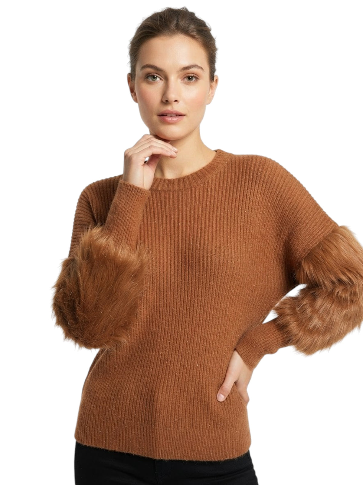 Image for Women's Textured Ribbed Top,Camel Brown
