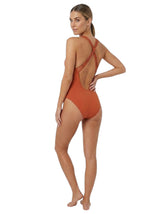 Women's Plain Solid Open Back One Piece Swimsuit,Brick