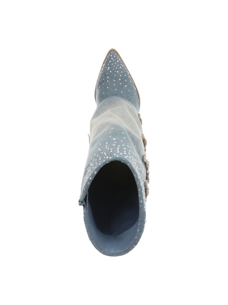 Women's Denim Ankle Boots With Shimmering Crystal Embellishments,Blue