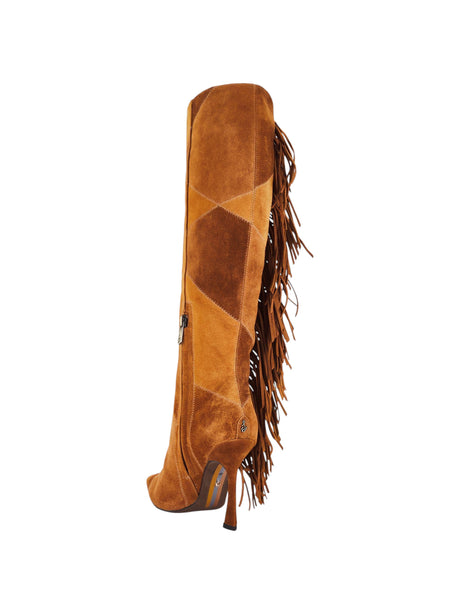 Women's Textured High Boots With Dramatic Fringe Detail,Brown