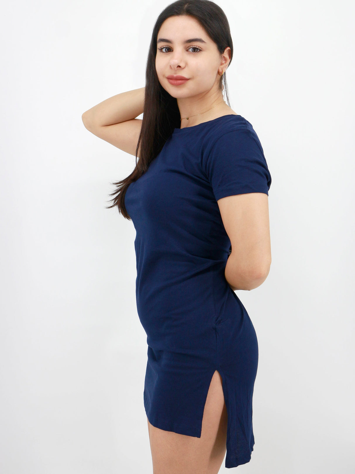 Image for Women's Plain Solid Side Slipts T-Shirt Dress,Navy