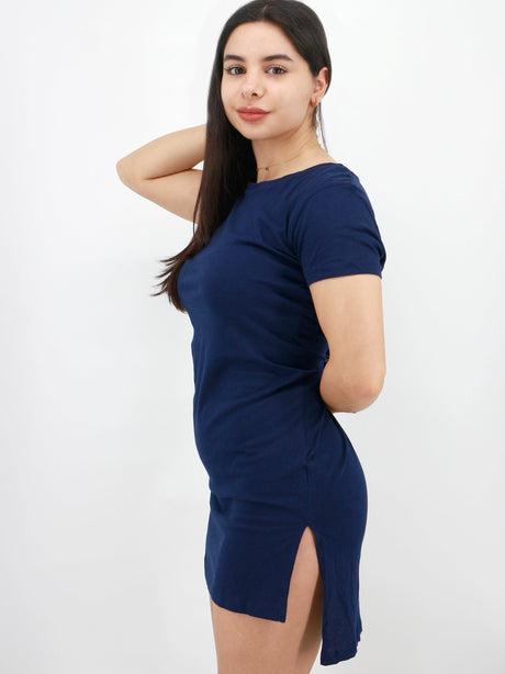 Image for Women's Plain Solid Side Slipts T-Shirt Dress,Navy