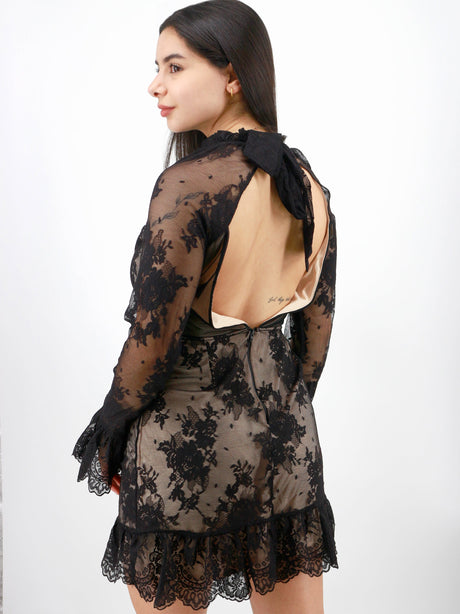 Image for Women's High Neck Open Back Lace Ruffle Mini Dress,Black