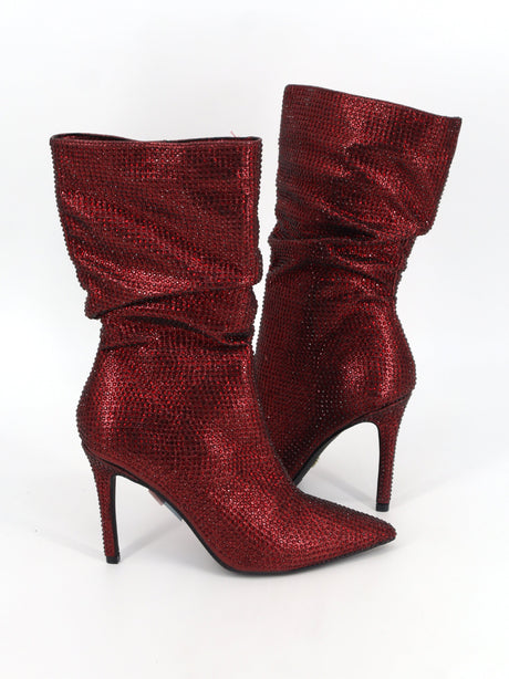 Women's Embellished High Heels Ankle Boots,Wine