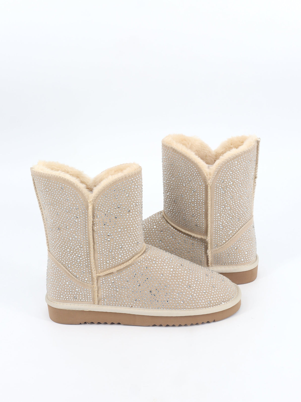 Women's Embellished Faux Fur Ankle Boots,Light Beige