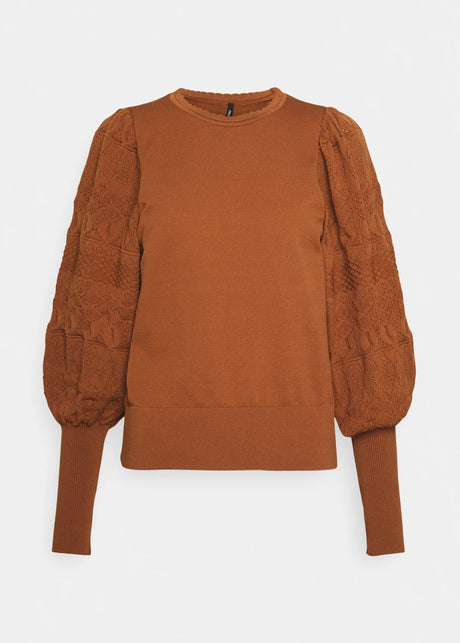 Women's Puffed Sleeves Textured Sweater,Brown