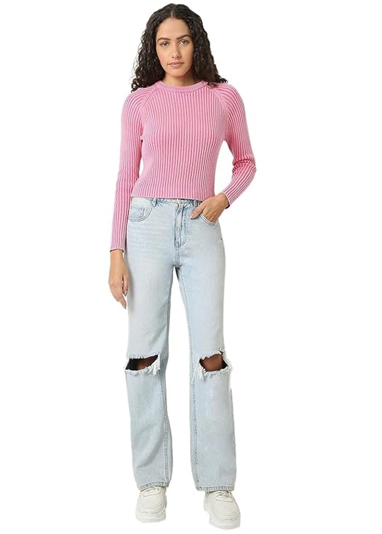 Women's Ribbed Cropped Sweater,Pink