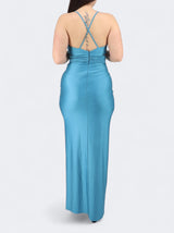 Women's Plunge With Cut Out Detail And Ruching Maxi Satin Dress,Blue