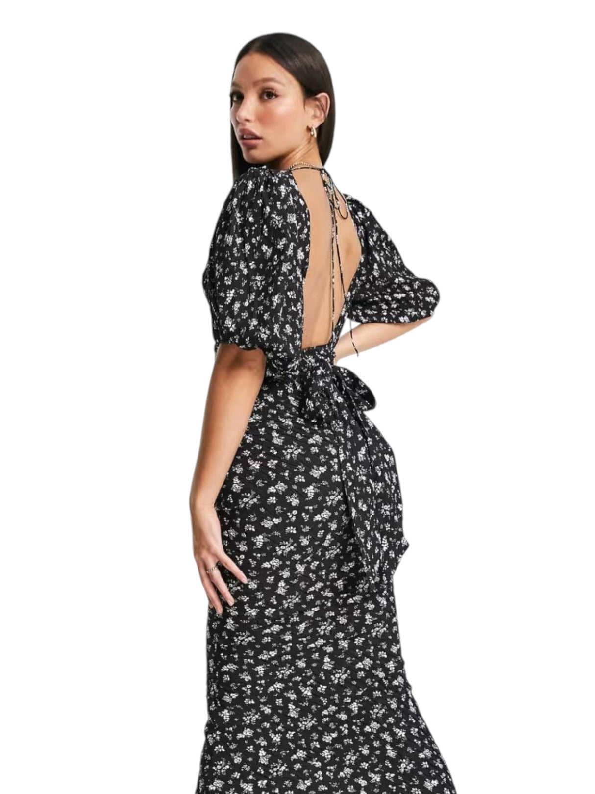 Women's Floral Printed Ruffled Open Back Dress,Black