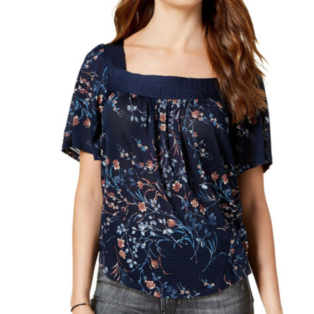 Image for Women's Printed Square-Neck Top,Navy