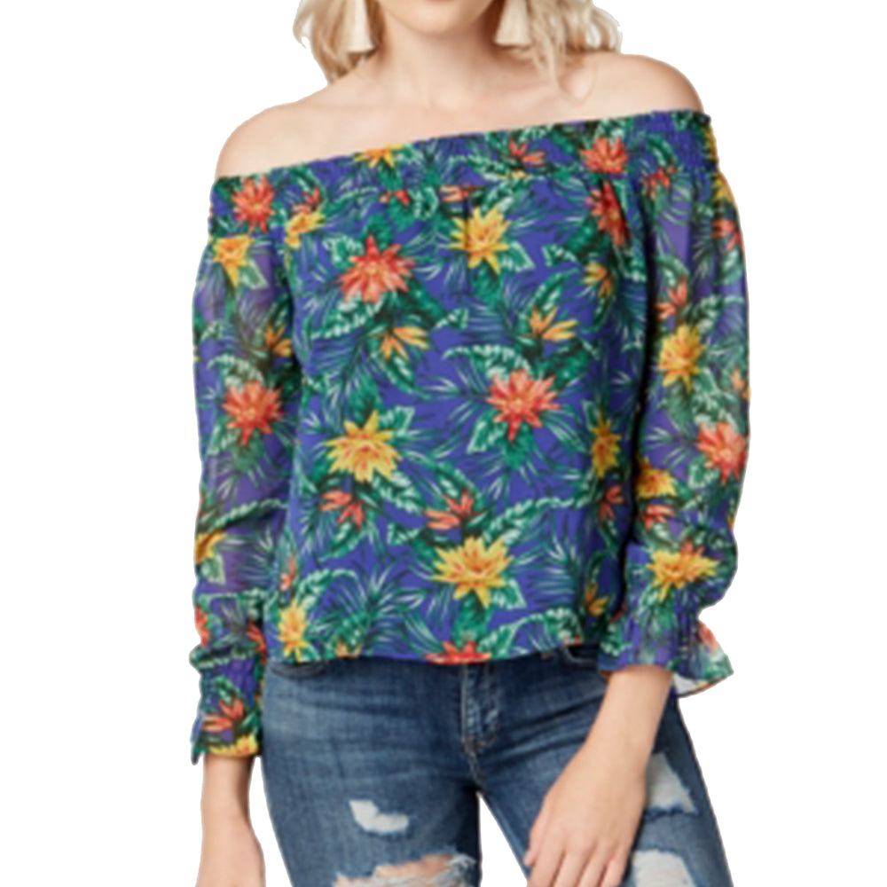 Image for Women's Chiffon Exotic Tropical Print Top,Blue