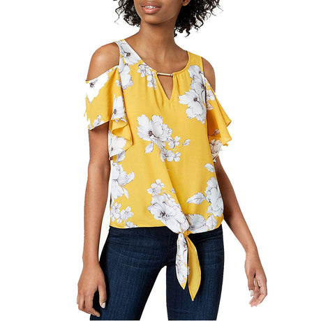 Image for Women's Tie-Front Floral Casual Top,Yellow