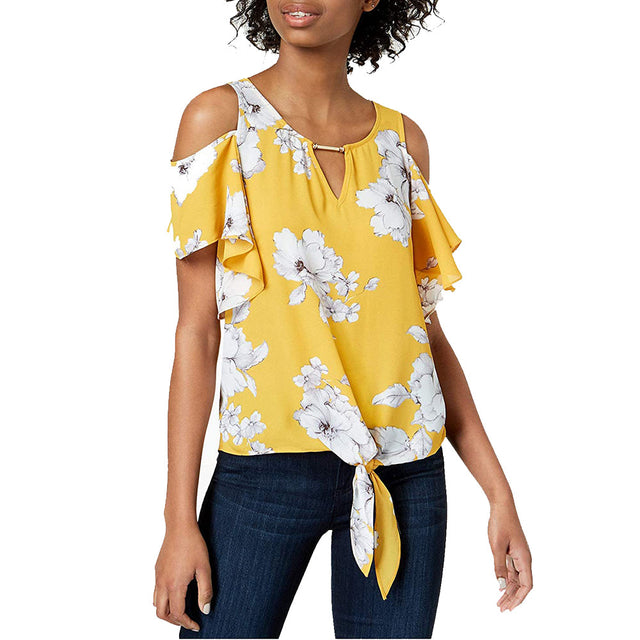 Image for Women's Tie-Front Floral Casual Top,Yellow