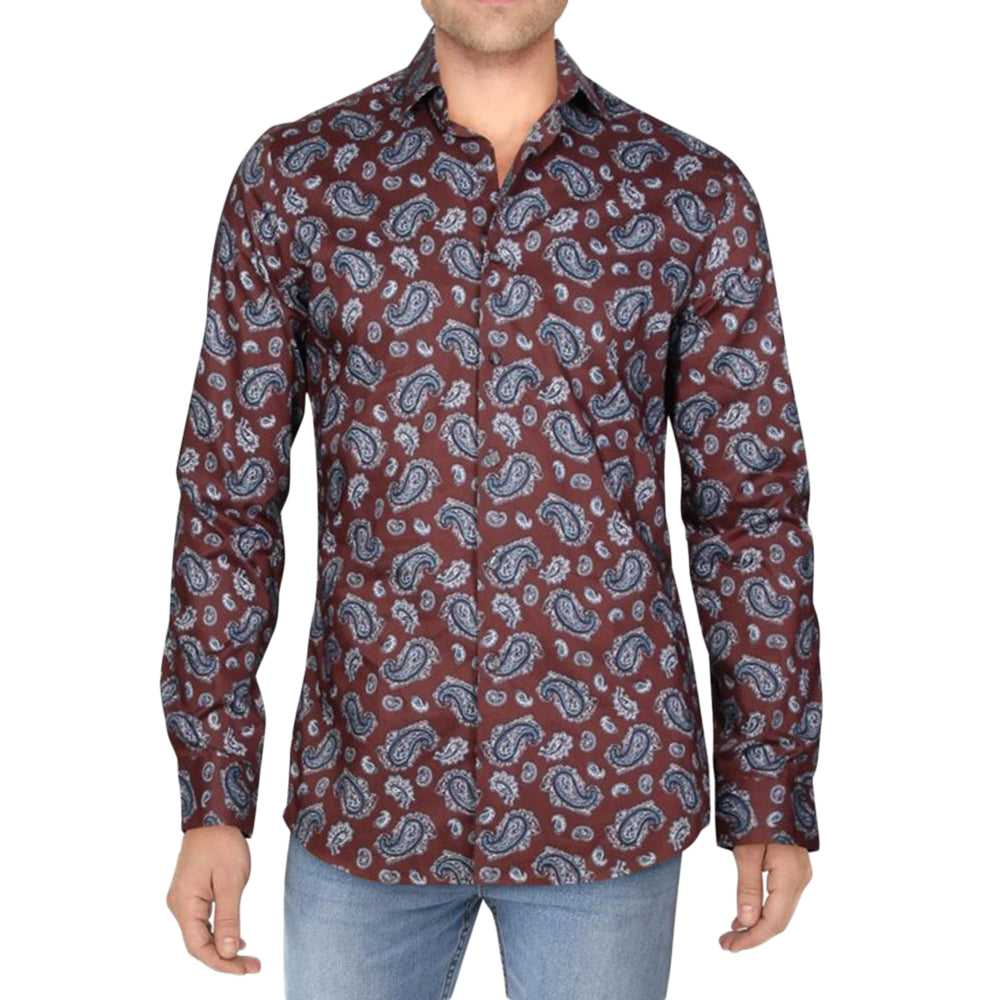 Image for Men's Stretch Paisley-Print Dress Shirt, Burgundy