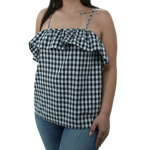 Image for Women's Plaid Ruffle Top,Black/White