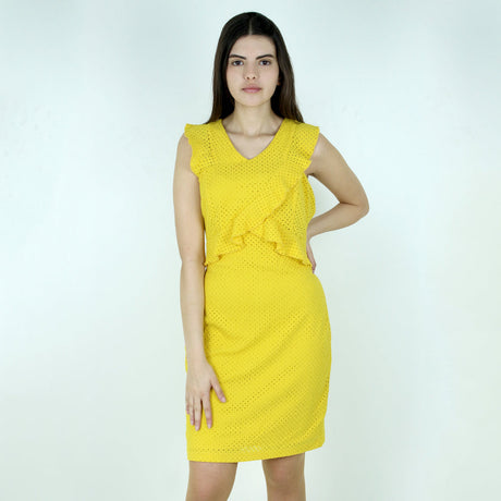 Image for Women's Perforated Ruffle Dress,Yellow