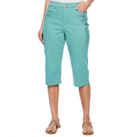 Image for Women's Embroidered Denim Capri Pant,Aqua