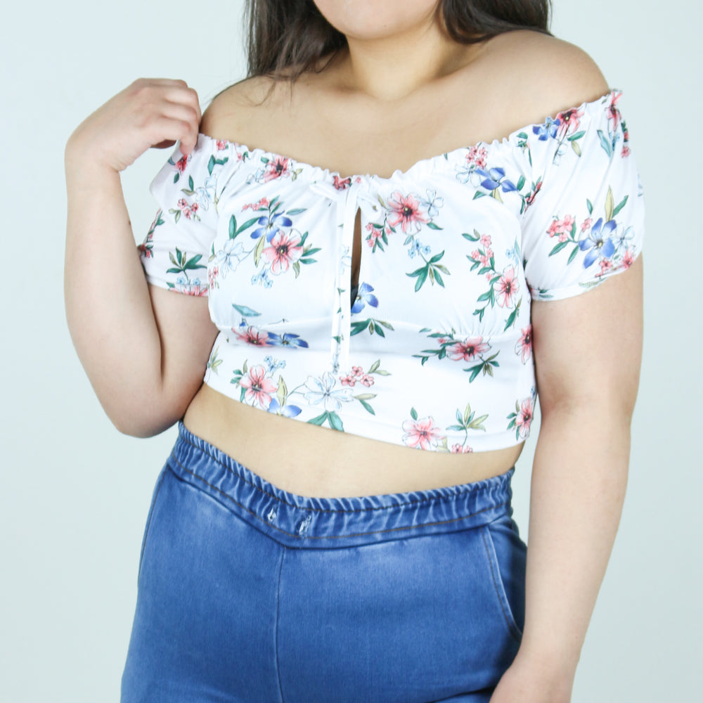 Image for Women's Off-Shoulder Floral Crop Top,White