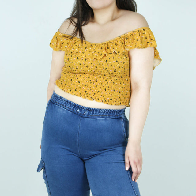 Image for Women's Smocked Floral Crop Top,Mustard