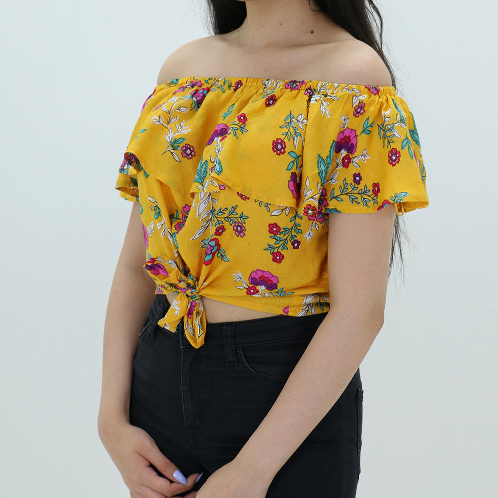 Image for Wome's Ruffle Floral Cropped Top,Mustard