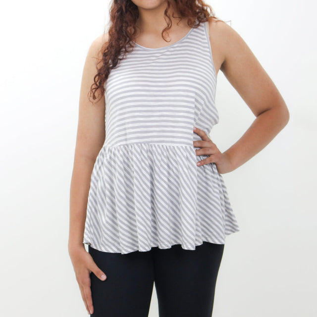 Image for Women's Ruffled Striped Top,White/Grey