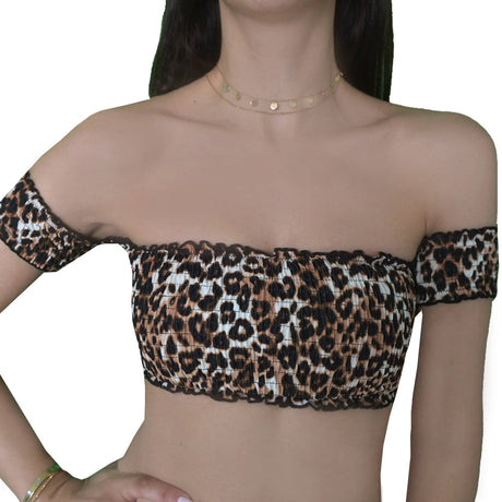 Image for Women's Smocked Leopard-Print Bikini Top,Black/Camel