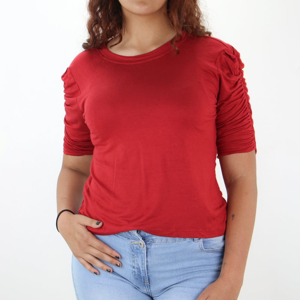 Image for Women's Ruched-Sleeve Plain Top,Red