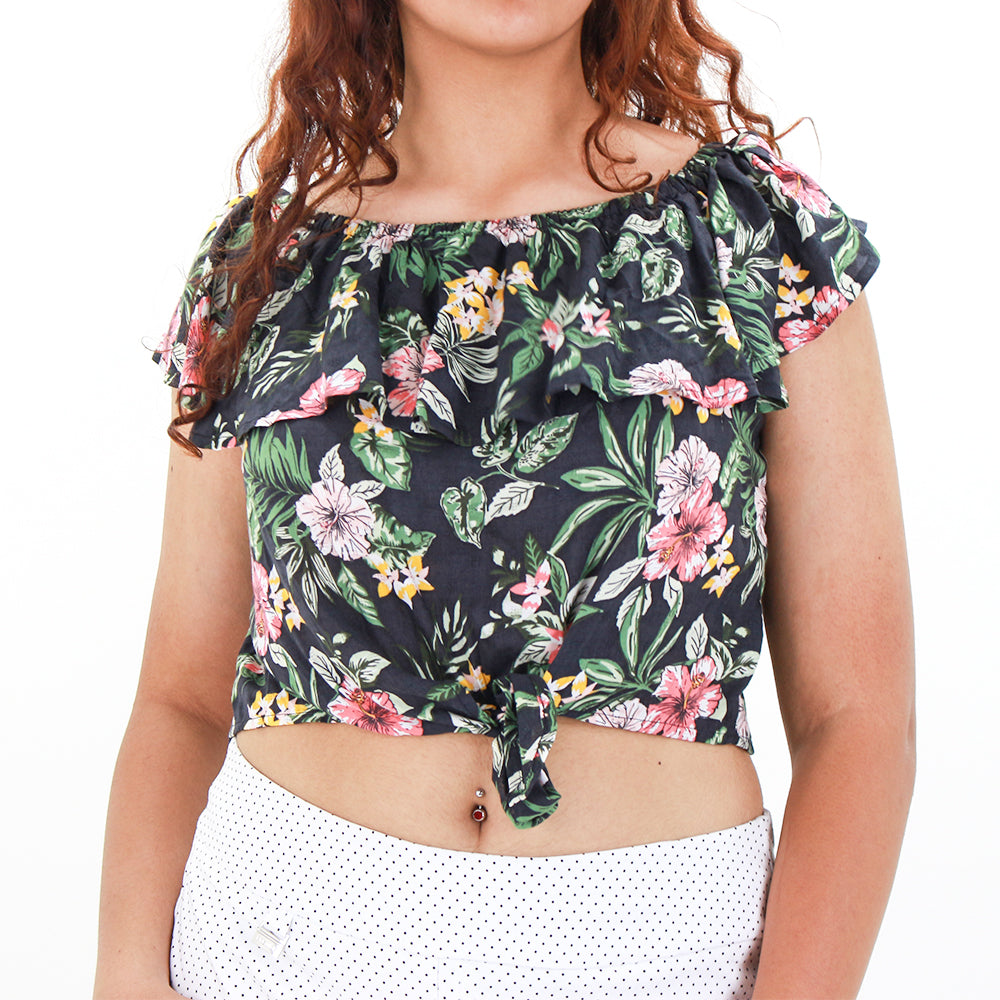 Image for Women's Tie Front Floral Top,Black