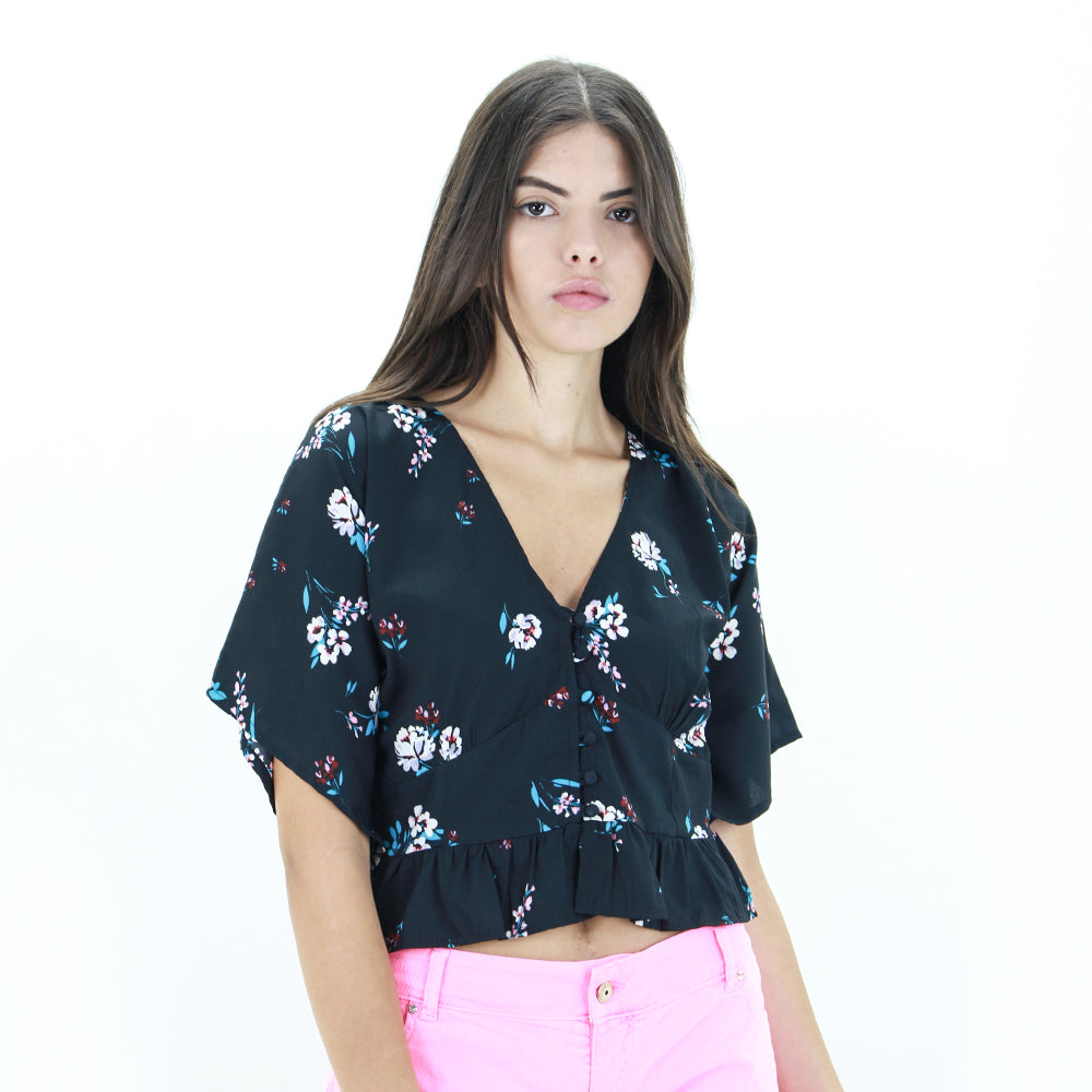 Image for Women's Satin Floral Crop Top,Black