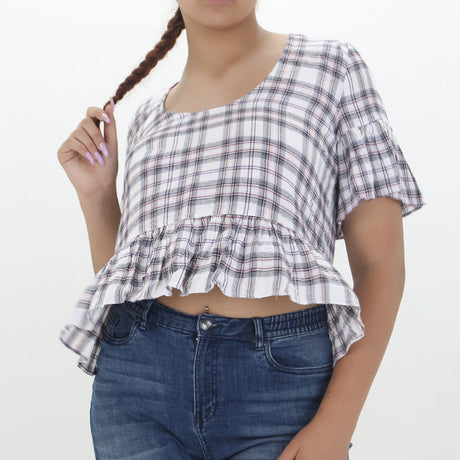 Image for Women's Plaid Ruffle Top,White