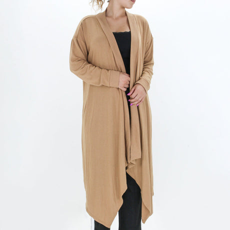 Image for Women's Asymmetric Hem Duster Cardigan Sweater,Camel