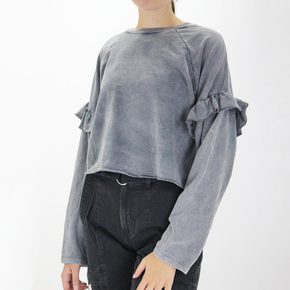 Image for Women's Ruffled-Sleeve Crop Sweater,Grey