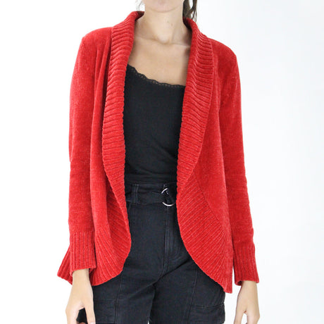 Image for Women's Chenille Shawl-Collar Cardigan Sweater,Red