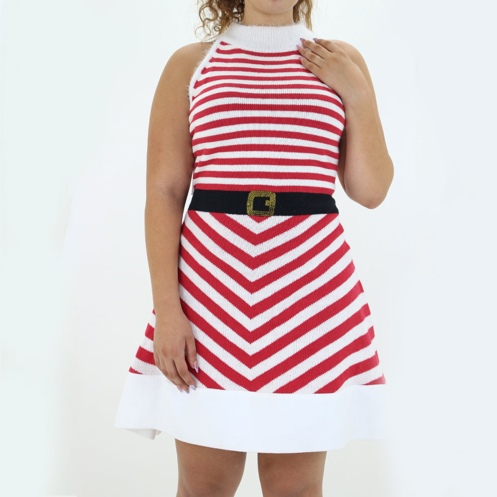 Image for Women's Striped Fit & Flare Dress,White/Red