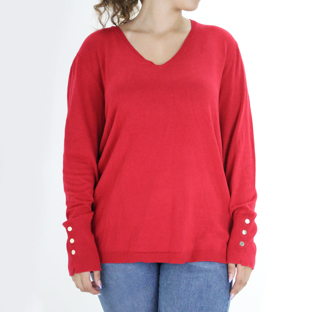 Image for Women's Embellished-Sleeve V-Neck Sweater,Red