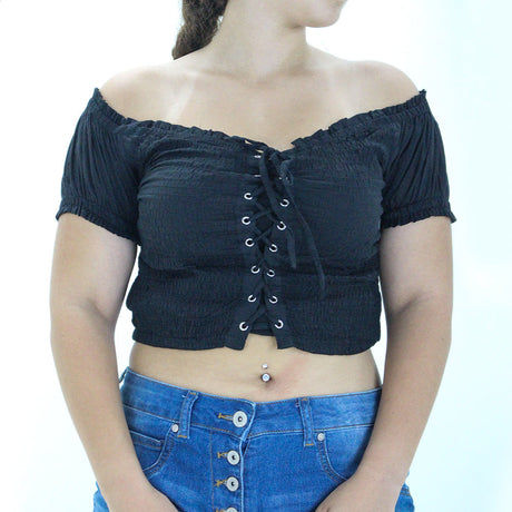 Image for Women's Lace-Up Smocked Crop Top,Black