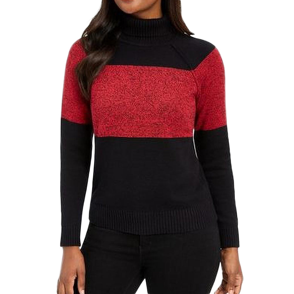 Image for Women's Colorblock Cotton Turtleneck Sweater,Red/Black