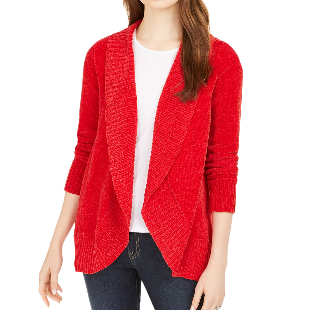 Image for Women's Chenille Shawl-Collar Cardigan,Red