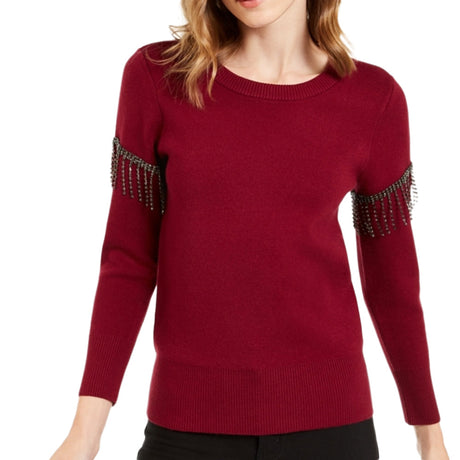 Image for Women's Embellished Fringe Sweater,Burgundy