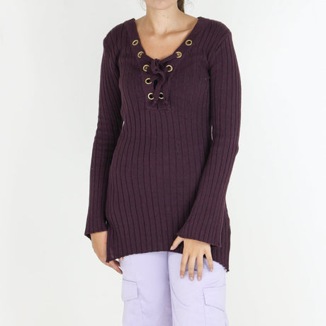Image for Women's Lace Up Sweater,Dark Purple