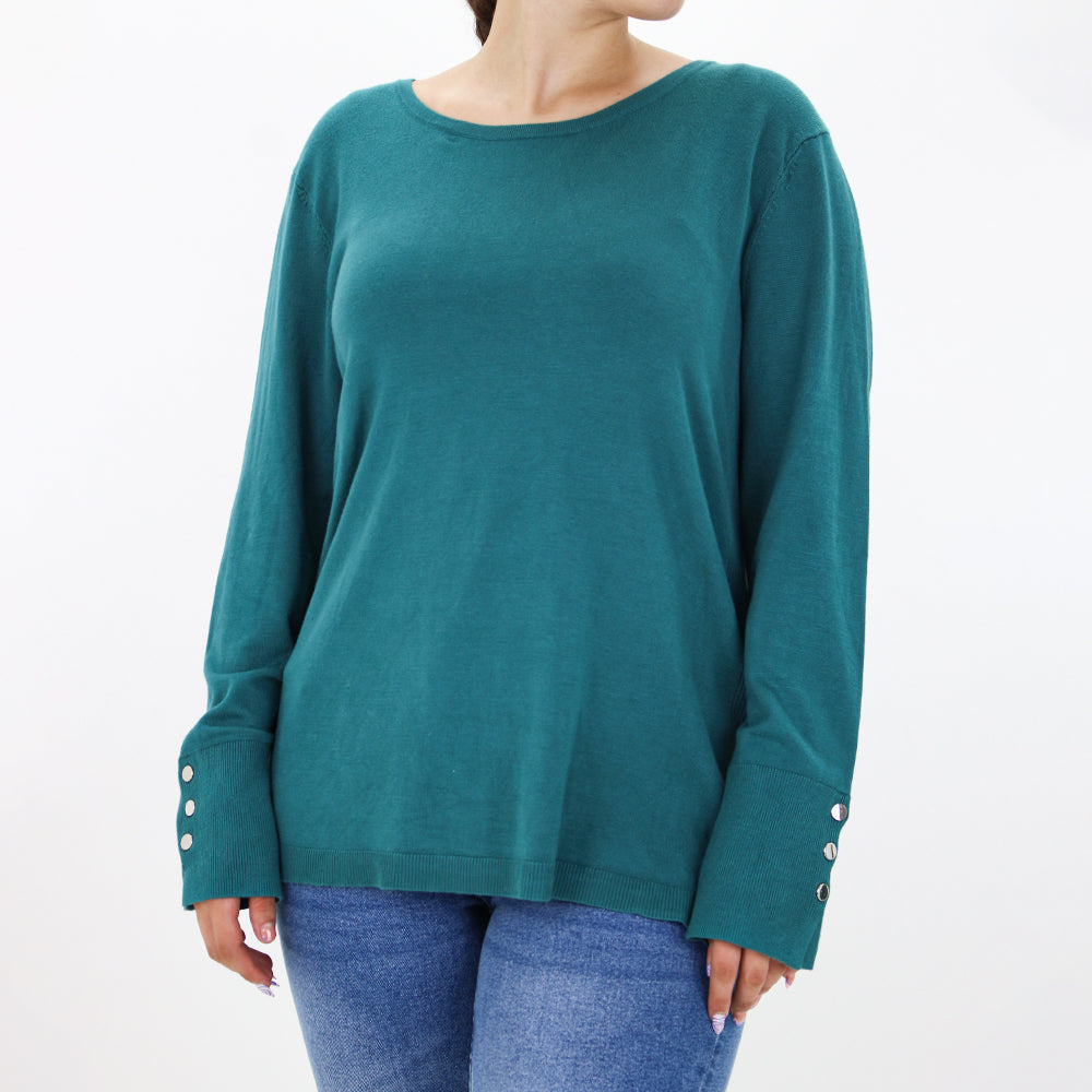 Image for Women's Button-Cuff Crewneck Sweater,Dark Green