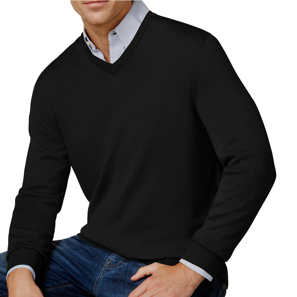Image for Men's Solid V-Neck Merino Wool Blend Sweater,Black