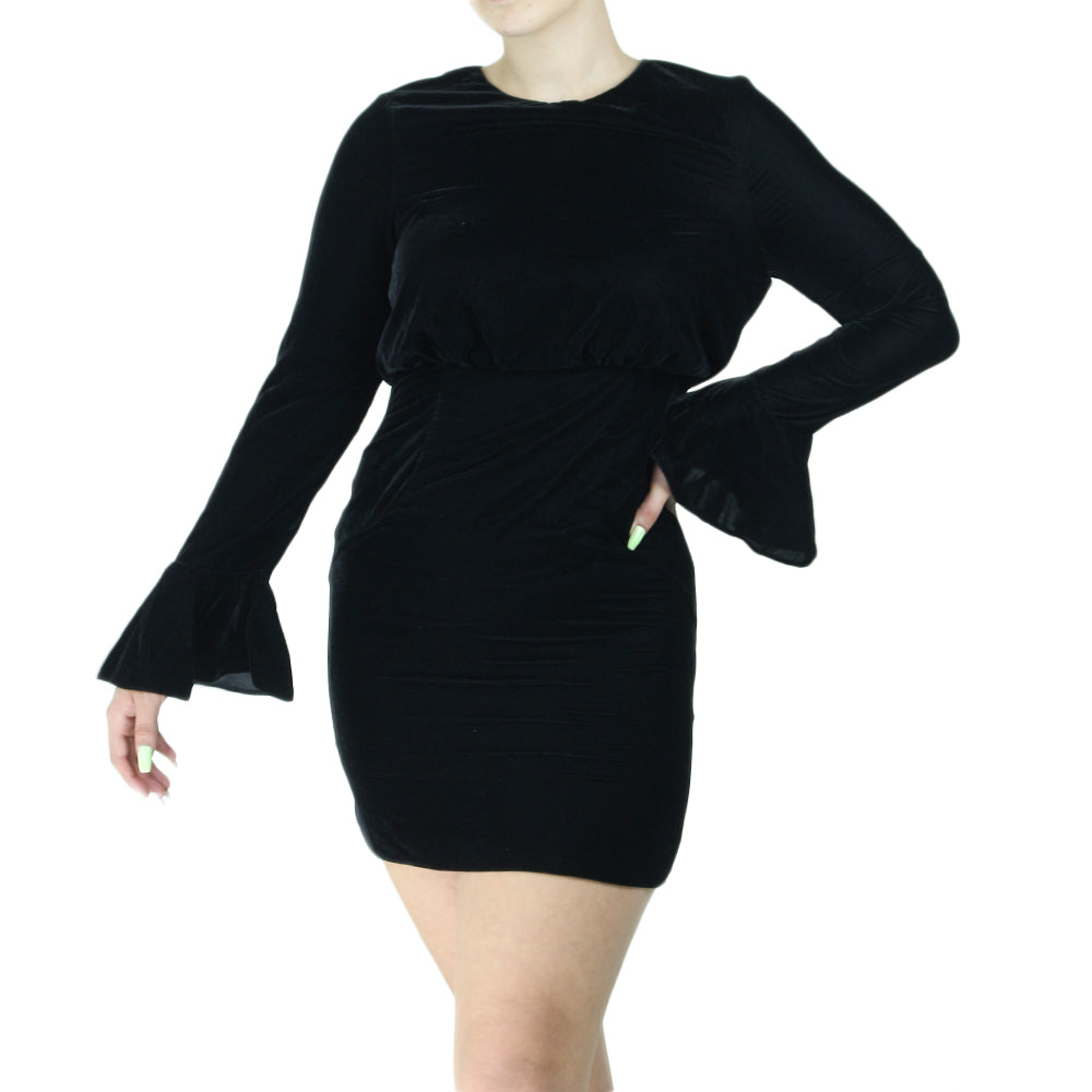 Women s Bell Sleeve Velvet Dress Black All Brands Factory Outlet