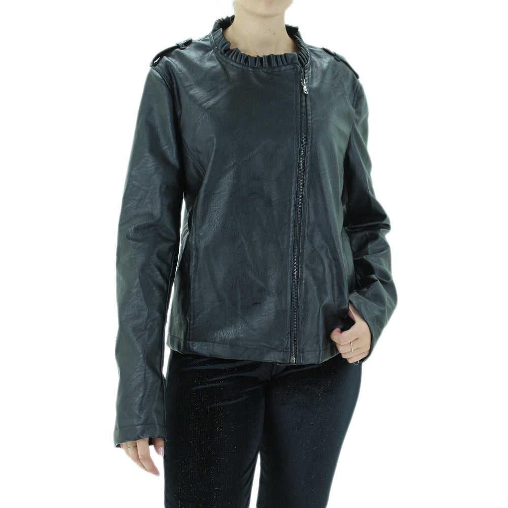 Image for Women's Ruffled Leather Jacket,Black