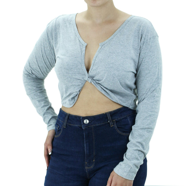 Image for Women's Split-Neck Crop Top,Light Grey