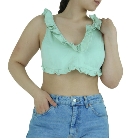 Image for Women's Ruffle Denim Crop Top,Pistache