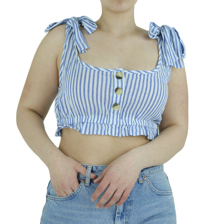 Image for Women's Striped Tie Sleeve Crop Top,Blue/White
