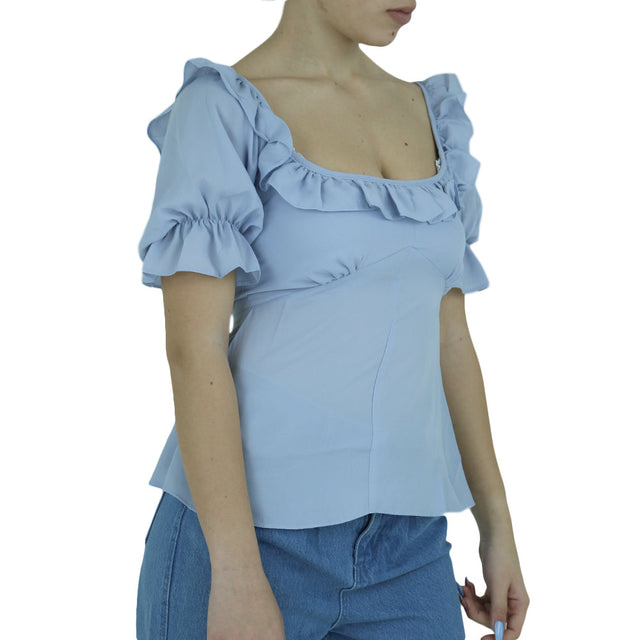 Image for Women's Ruffle Neck and Sleeve Top,Light Blue