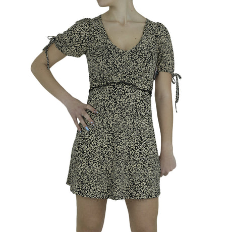 Image for Women's Floral Tie Sleeve Mini Dress,Beige/Black